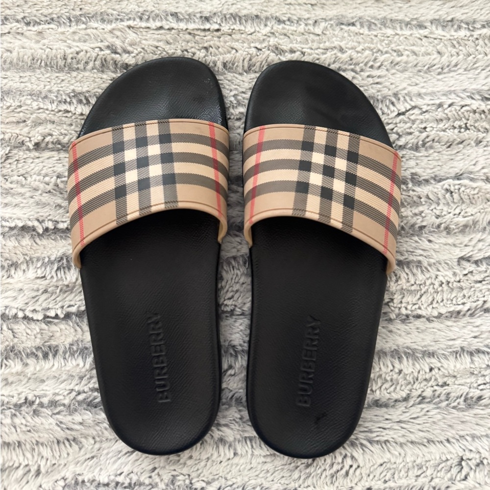 Burberry Beige and Black Check Slides